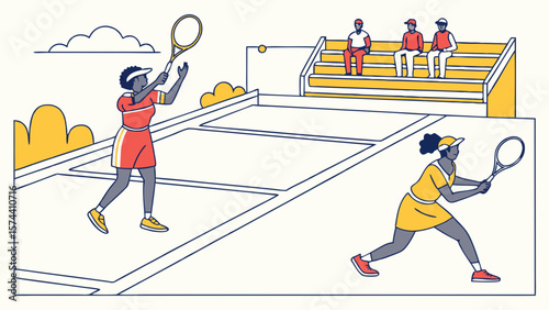 Illustrated Tennis Match with Spectators in Minimalist Style