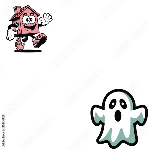 Pink house character waving hello next to a startled ghost cartoon