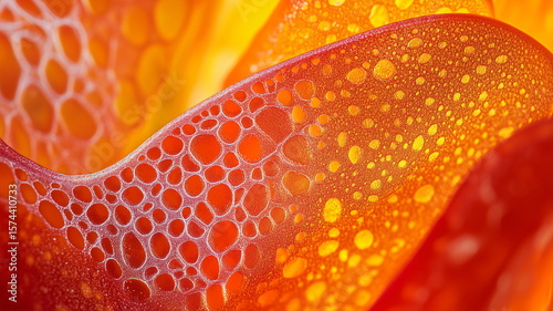 Microscopic view of a bell pepper's inner walls showing vibrant cellular structure in red and orange