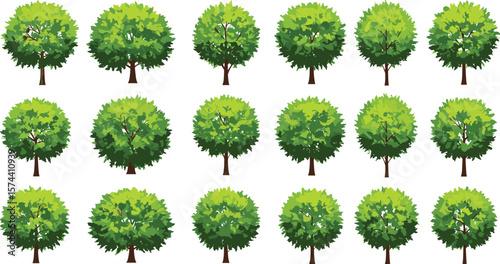 Fototapeta Collection of lush green round trees, flat vector design, cartoon foliage elemen