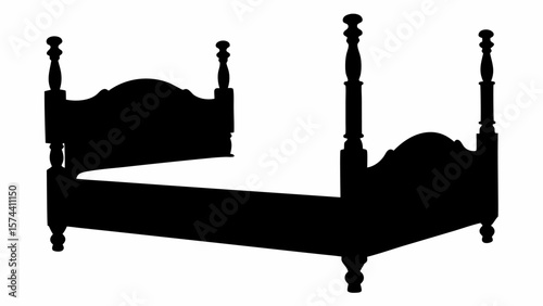Silhouette of a four poster bed with decorative posts and headboard in a bedroom setting indoors