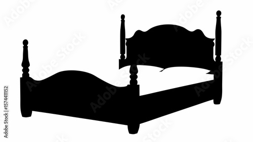 Silhouette of a four poster bed with pillows and decorative posts in a simple black and white image