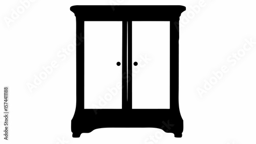 Illustration of a black wooden wardrobe with two doors and round handles on a white background design element