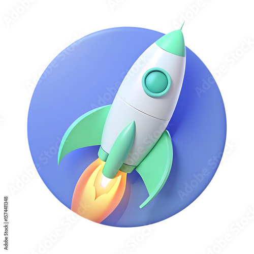 White green rocket launching with blue circle and fire isolated on a transparent background space travel