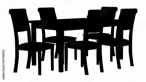 Silhouette of a dining table with six chairs arranged around it in a simple and elegant setting