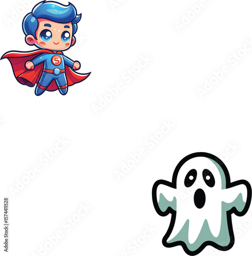 Blue haired superhero boy with red cape and white ghost blue suit