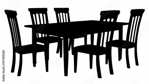 Silhouette image showcasing a dining table surrounded by six chairs in a simple and elegant design