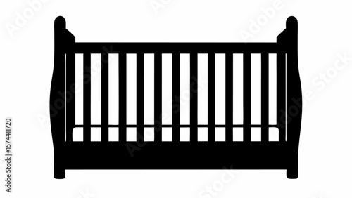 Illustration of a black silhouette of a baby crib with vertical bars and curved headboard on white background