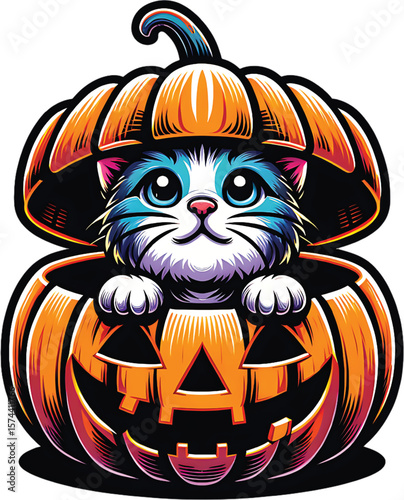 Blue eyed cat peeking from carved pumpkin kitten jack-o-lantern