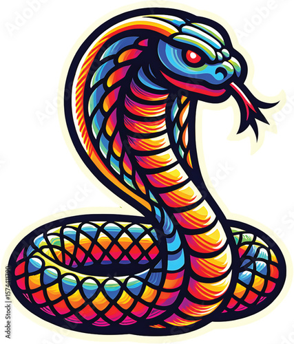 Vibrant rainbow cobra striking with fangs bared snake serpent