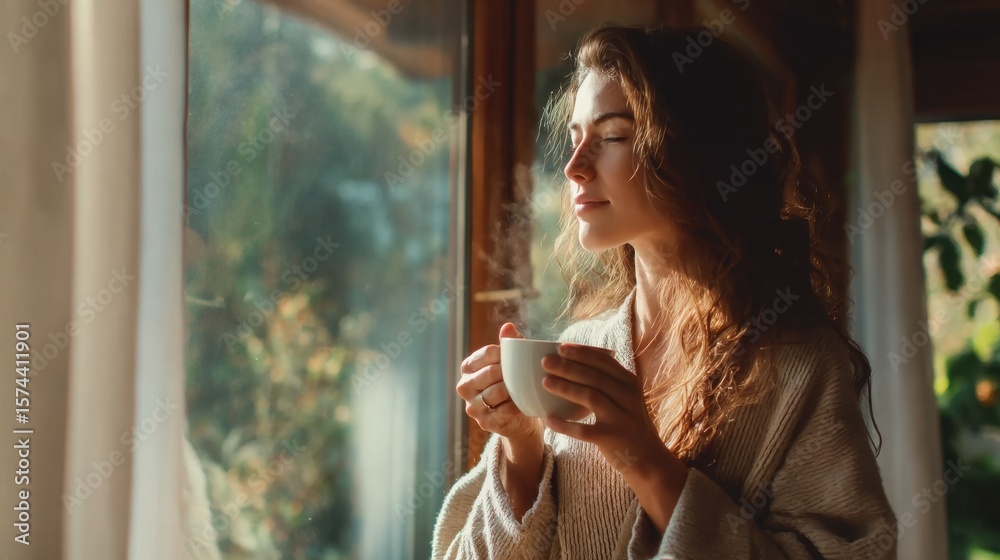 Woman holding a cup of hot beverage by the window Woman holding a cup of hot beverage by the window