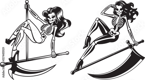 Two pin-up style female skeletons with long hair posing suggestively with scythes.