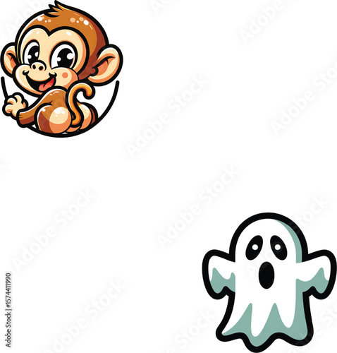 Cheerful monkey and surprised ghost cartoon characters primate animal