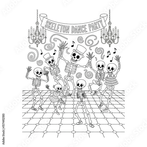 Lively skeleton dance party with festive hats, musical notes, chandeliers, and confetti in black and white coloring page