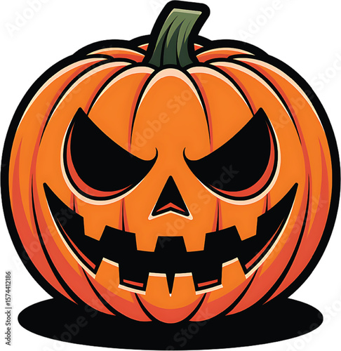 Spooky orange pumpkin with carved face and green stem halloween jack o lantern