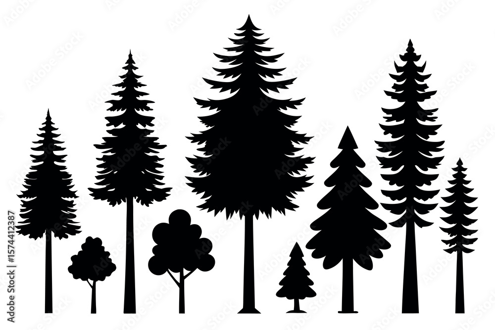 Fototapeta premium Silhouettes of Pine and Fir Trees in a Natural Forest Setting – Vector Design