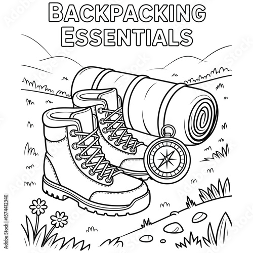 Backpacking essentials coloring page with hiking boots, compass, and sleeping bag on grassy hillside in clean black and white line art style