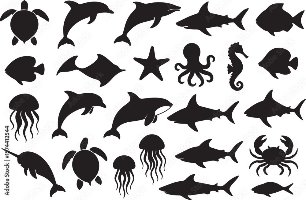 Fototapeta premium Marine life silhouettes turtle dolphin