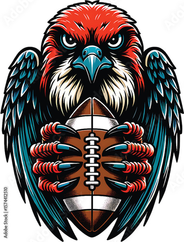 Fierce red hawk gripping American football with sharp talons falcon bird of prey