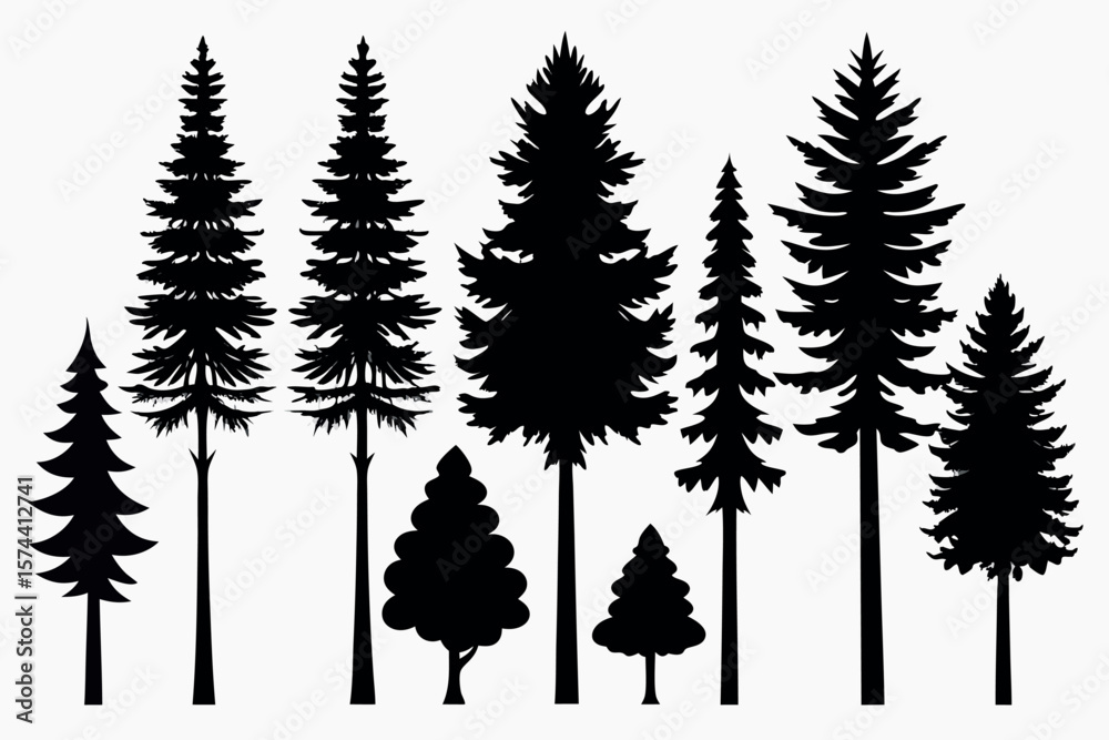 Fototapeta premium Evergreen Pine Tree Vector Silhouettes – Isolated Set with White Background