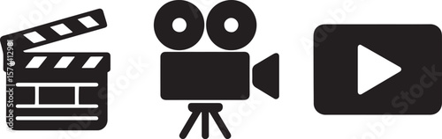 Movie clapperboard camera play button movie camera