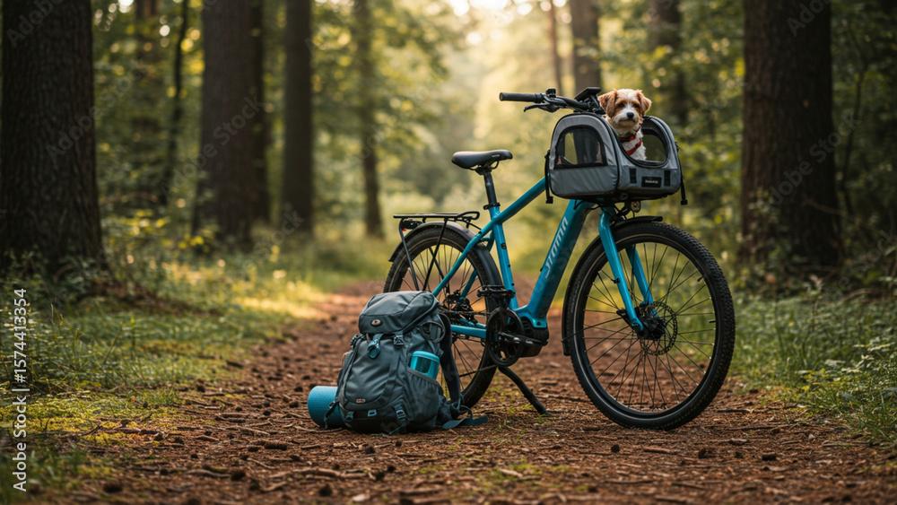 Fototapeta premium E-bike with small dog carrier attached, parked on forest trail with travel backpack