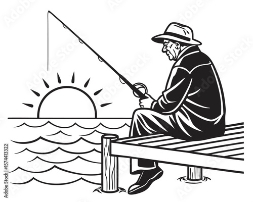 Silhouette of Elderly Man Sitting on Pier at Sunset – Reflective Senior Vector
