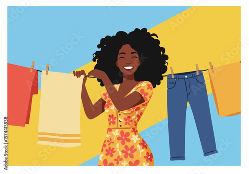 Joyful Black Woman Hanging Laundry Floral Dress Smiling Face Yellow Towel Blue Jeans.