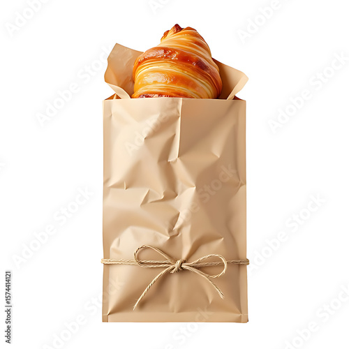 A golden brown croissant emerging from a crumpled brown paper bag tied with string isolated on white background