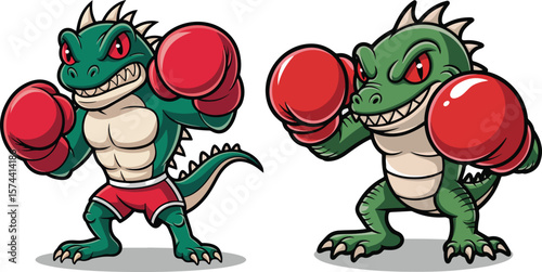 Two cartoon boxing dinosaurs ready to rumble, showcasing strength and playful competition