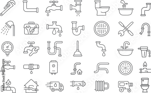 Plumbing tools and fixtures line art wrench pipe
