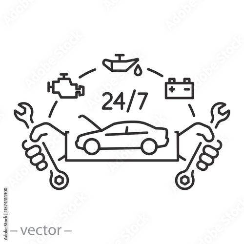 car service 24 on 7, auto repair icon, transport service emblem, repair station, line symbol on white background - editable stroke vector illustration eps10