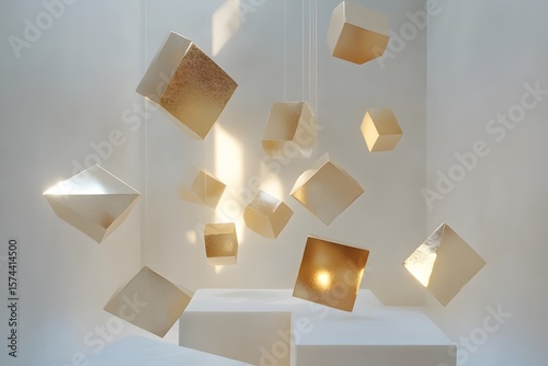 geometric abstract gold crystal shapes create a futuristic luxury modern 3d render with polygon faceted shiny glowing light and elegance