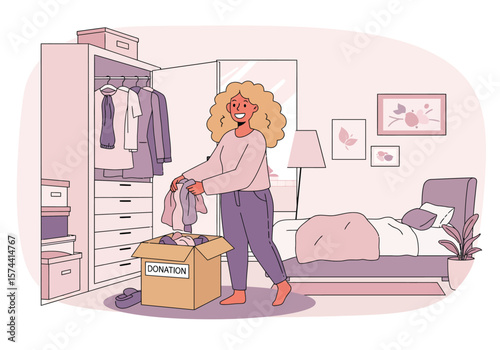 Smiling Woman Donating Clothes into Cardboard Box in Bedroom Illustration.