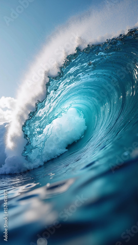 Frozen breaking wave in slow motion, cyan-lit translucent form resembling crystal sculpture in mid-air