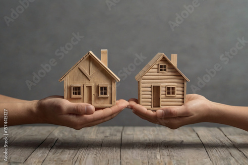 Two wooden houses held in hands holding miniature