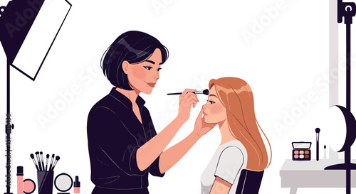 Professional Makeup Artist Applying Cosmetics to Client in Beauty Studio Illustration