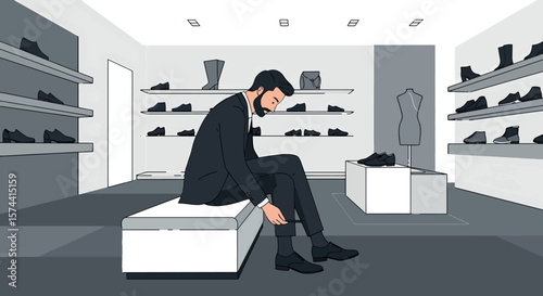Stylish Business Man Trying On Shoes in a Modern Store Illustration