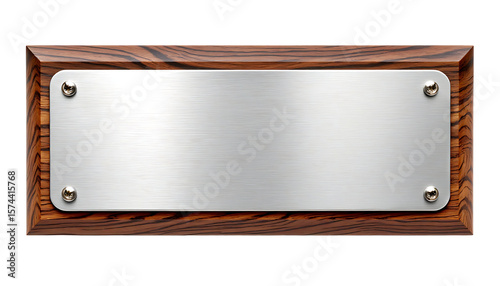 Blank brushed silver nameplate with rounded corners attached on walnut wood backing isolated on white background