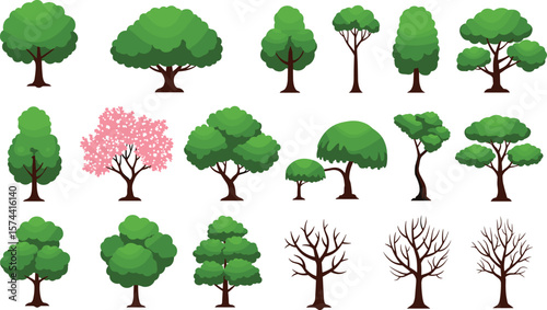 Cartoon trees vector set with seasonal foliage, flat green and bare trees collection, spring cherry blossom and nature illustration design