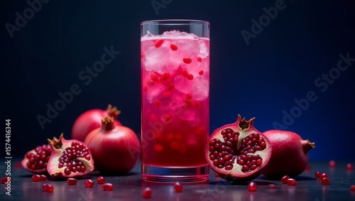 Red Pomegranate Juice Drink with Ice and Fresh Pomegranates