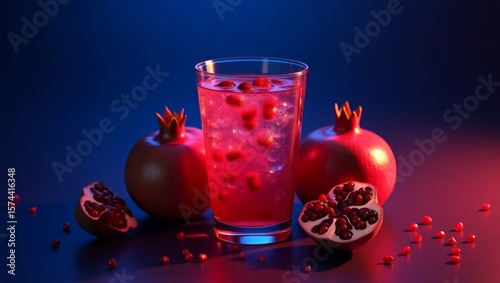 Red Pomegranate Juice Glass Two Pomegranates Seeds Blue Background