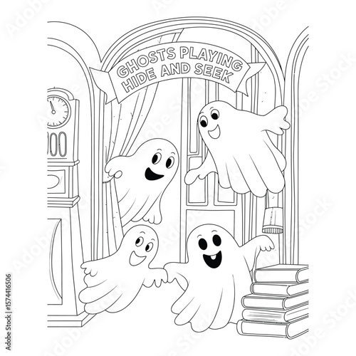 Three playful ghosts playing hide and seek in a vintage house with curtain, clock, books, and decorative furniture coloring page