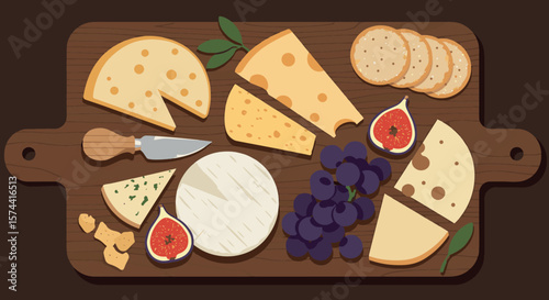 Gourmet Cheese Board Flat Lay Illustration with Assorted Cheeses, Fruits, and Crackers