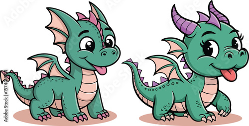 Two adorable baby dragons, one with horns, playful and ready for adventure.