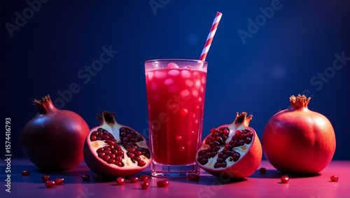 Red Pomegranate Juice Glass with Fruit on Purple Background