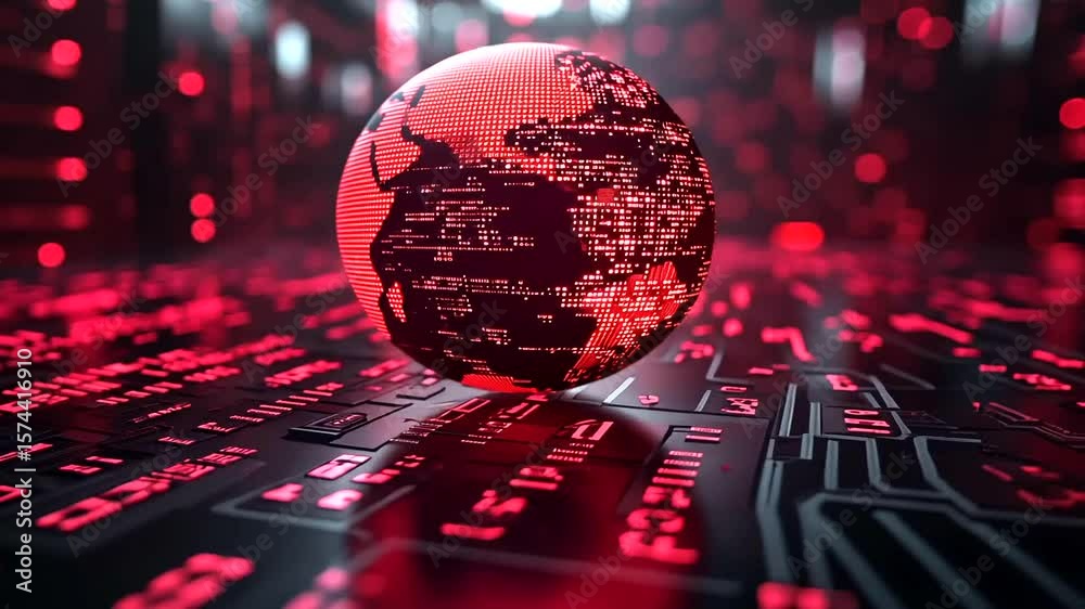 Red Futuristic Globe on Circuit Board - Global Technology Network Concept