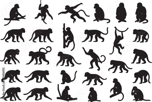 Various monkey poses black silhouettes primate animal