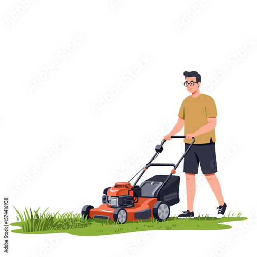 Man mowing the lawn with a push mower in summer outfit, white background, isolated, vector    