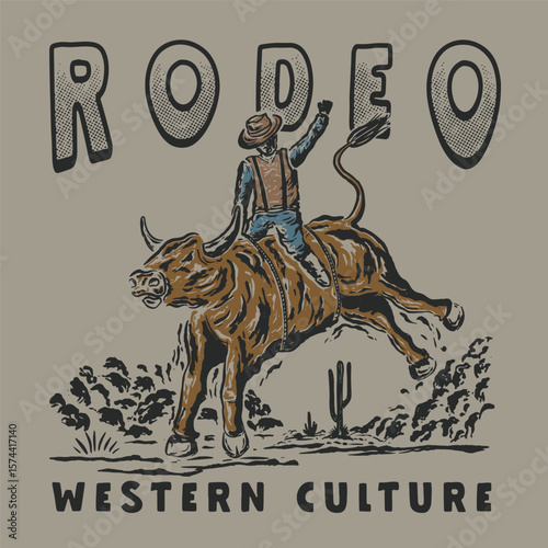 Hand Drawing Vintage Western  Wildlife Graphic illustration of a bull rodeo cowboy
